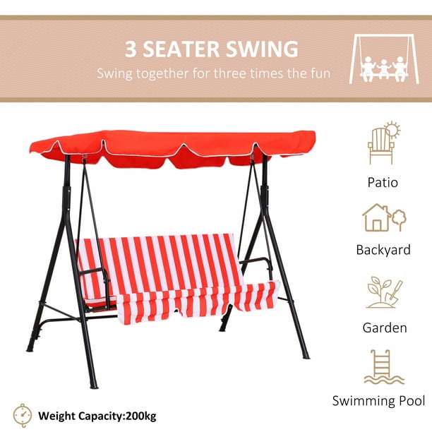 Outsunny 3-Seat Patio Swing Chair with Adjustable Canopy Red and white