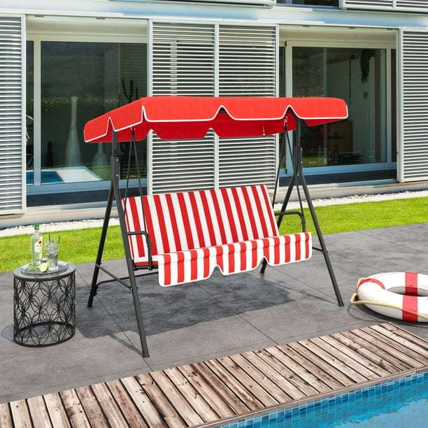 Outsunny 3-Seat Patio Swing Chair with Adjustable Canopy Red and white