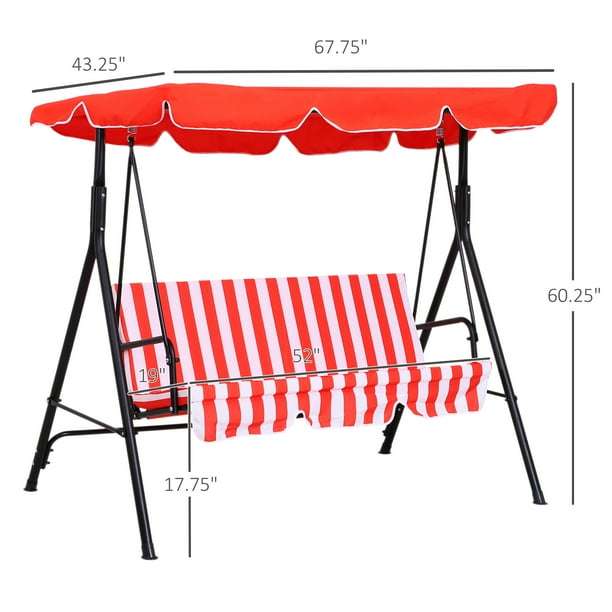 Outsunny 3-Seat Patio Swing Chair with Adjustable Canopy Red and white