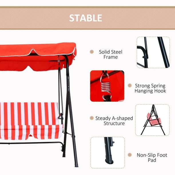 Outsunny 3-Seat Patio Swing Chair with Adjustable Canopy Red and white