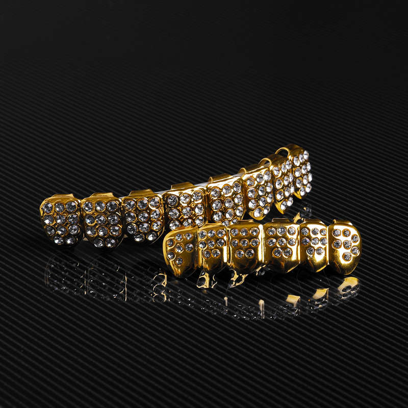 Teeth Grillz Gold plated with Ice'd out Upper &amp; Lower Diamonds