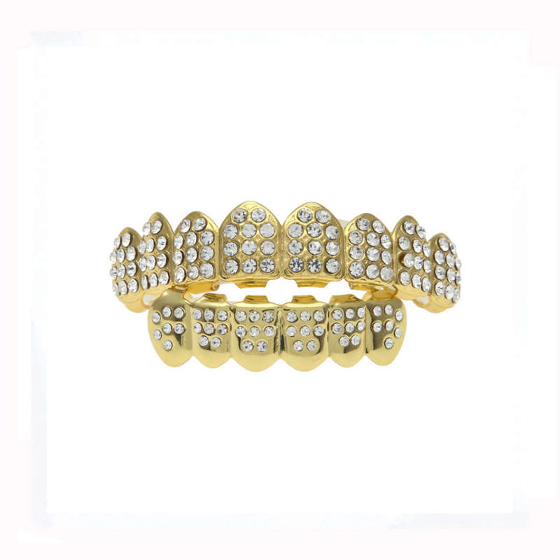 Teeth Grillz Gold plated with Ice'd out Upper &amp; Lower Diamonds