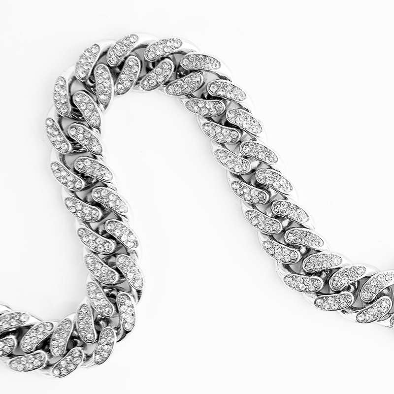 20 Silver Cuban Chainlink necklace encrusted in crystal rhinestones (12mm width)