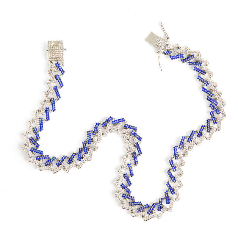 20 Cuban Iced Out Silver and Blue Necklace rectangle link encrusted with zirconia