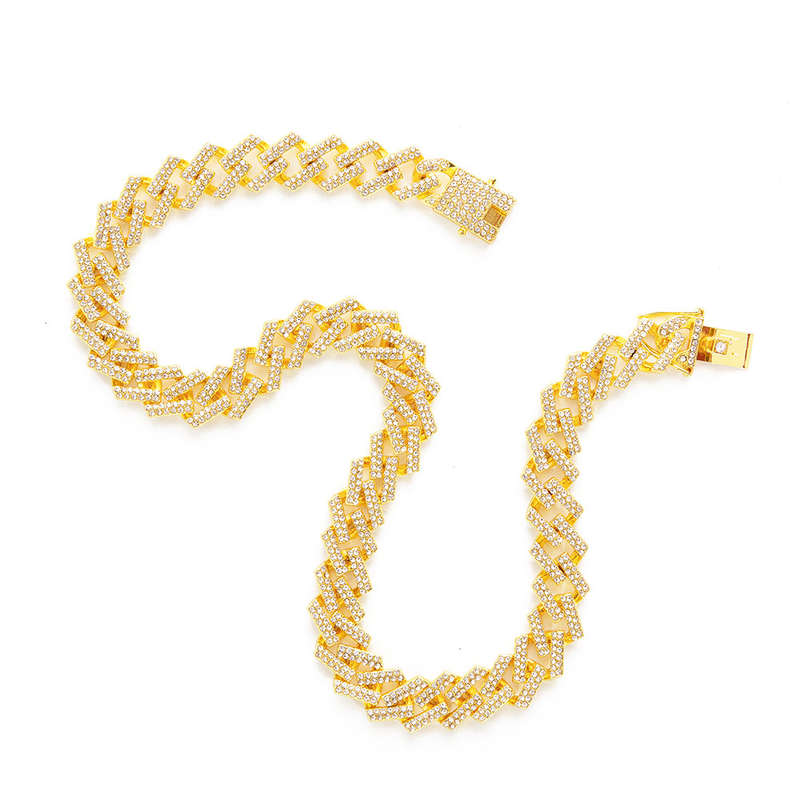 20 Cuban Golden Necklace rectangle link encrusted with silver zirconia