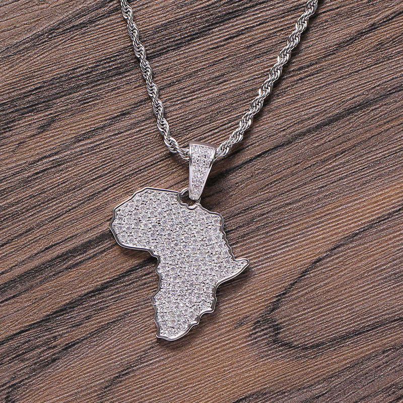 Africa Continent Iced Silver Pendant encrusted in Zircon Stones