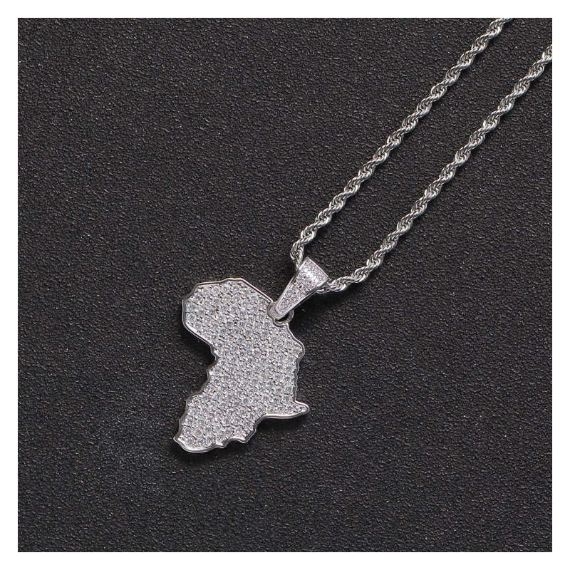 Africa Continent Iced Silver Pendant encrusted in Zircon Stones