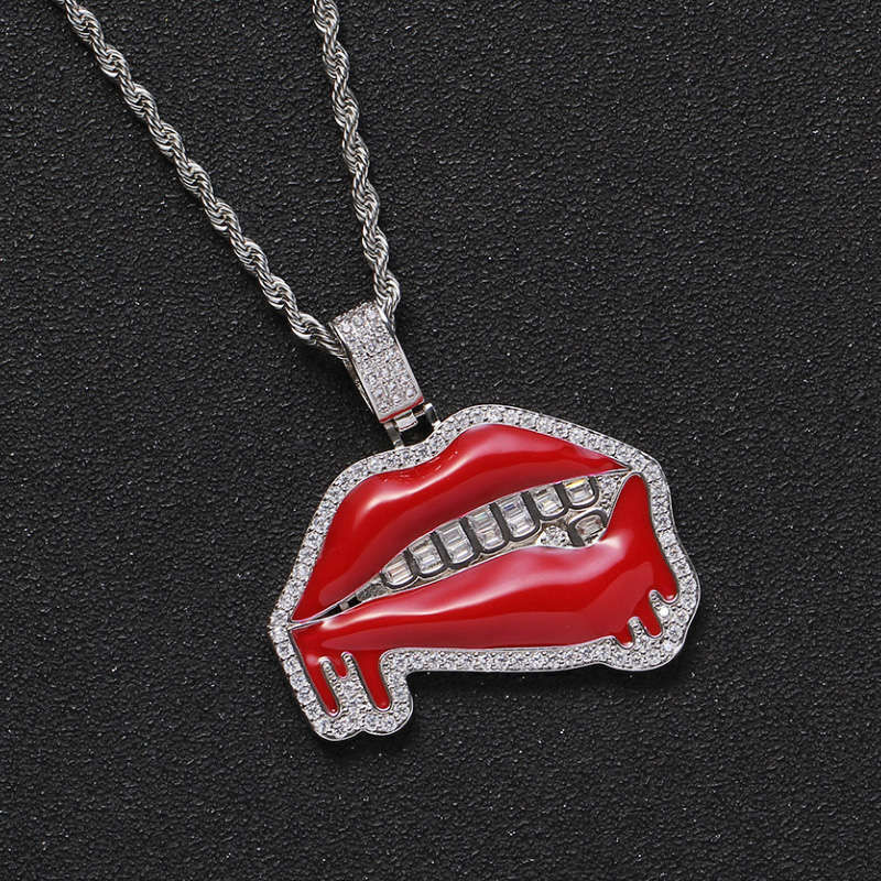 20" Rocky Horror Iced Lips &amp; Zirconia Teeth Pendant (silver)