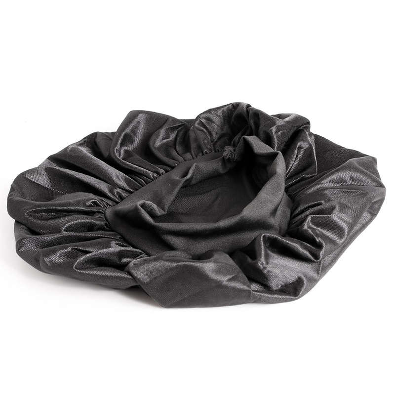 Wide Band Sleep Bonnet Cap in breathable Black Satin Fabric