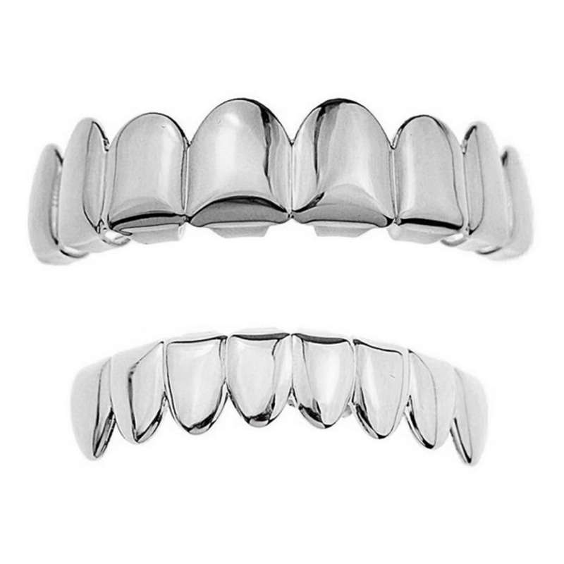 Silver Teeth Grillz with 8 Tooth Upper &amp; Lower Set