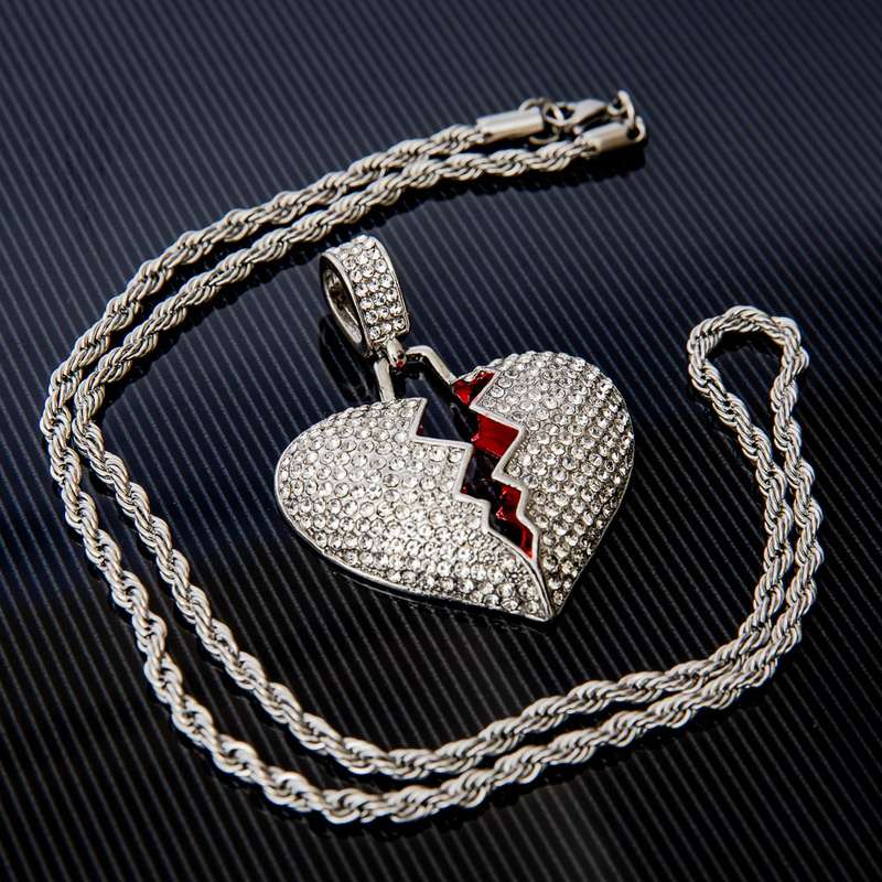 20" Iced Silver Broken Heart Pendant &amp; Chain Set