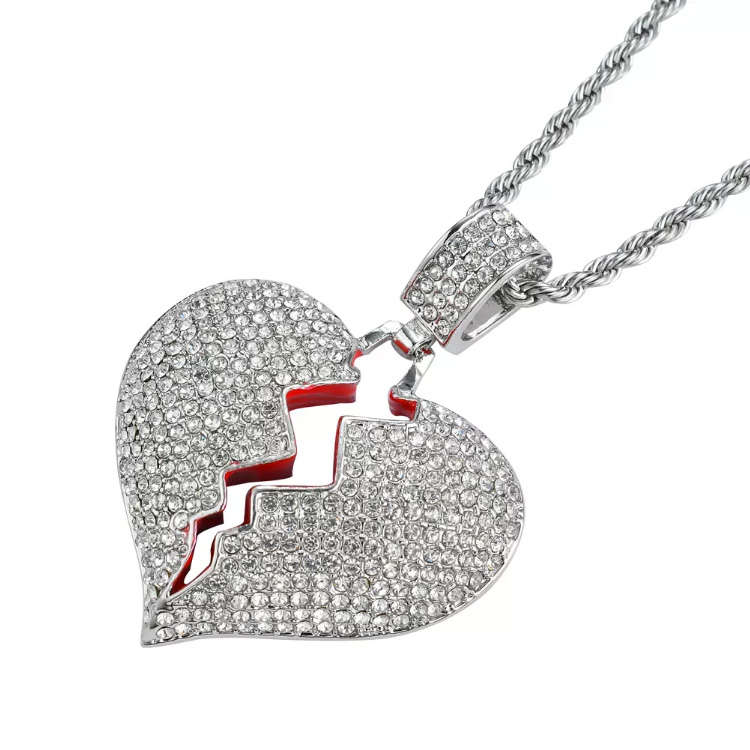 20" Iced Silver Broken Heart Pendant &amp; Chain Set