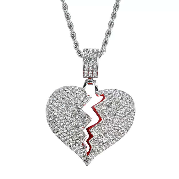 20" Iced Silver Broken Heart Pendant &amp; Chain Set