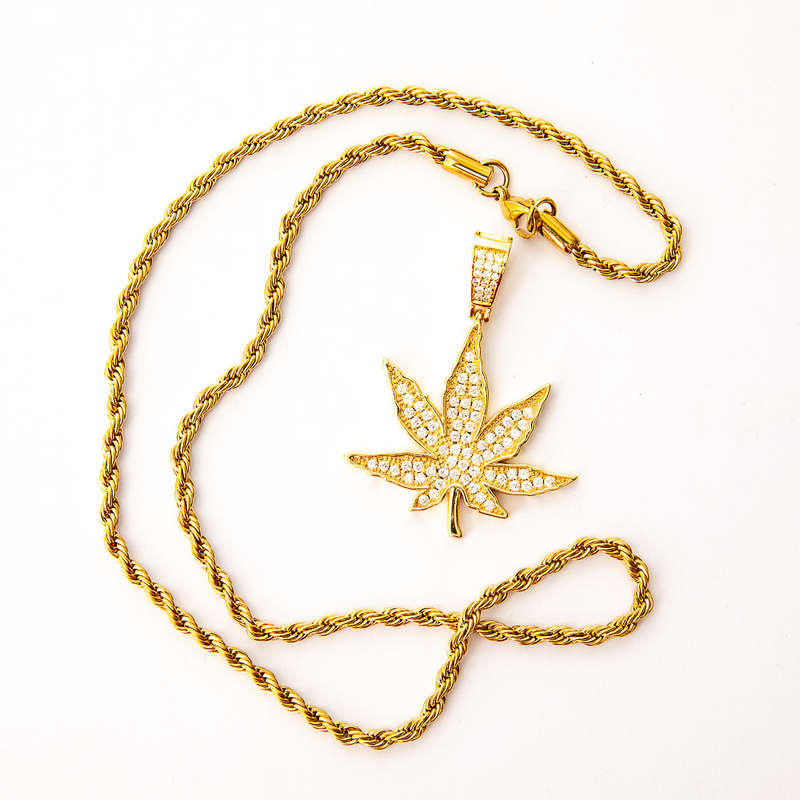 Gold Plated CZ Diamond Iced Weed Pendant