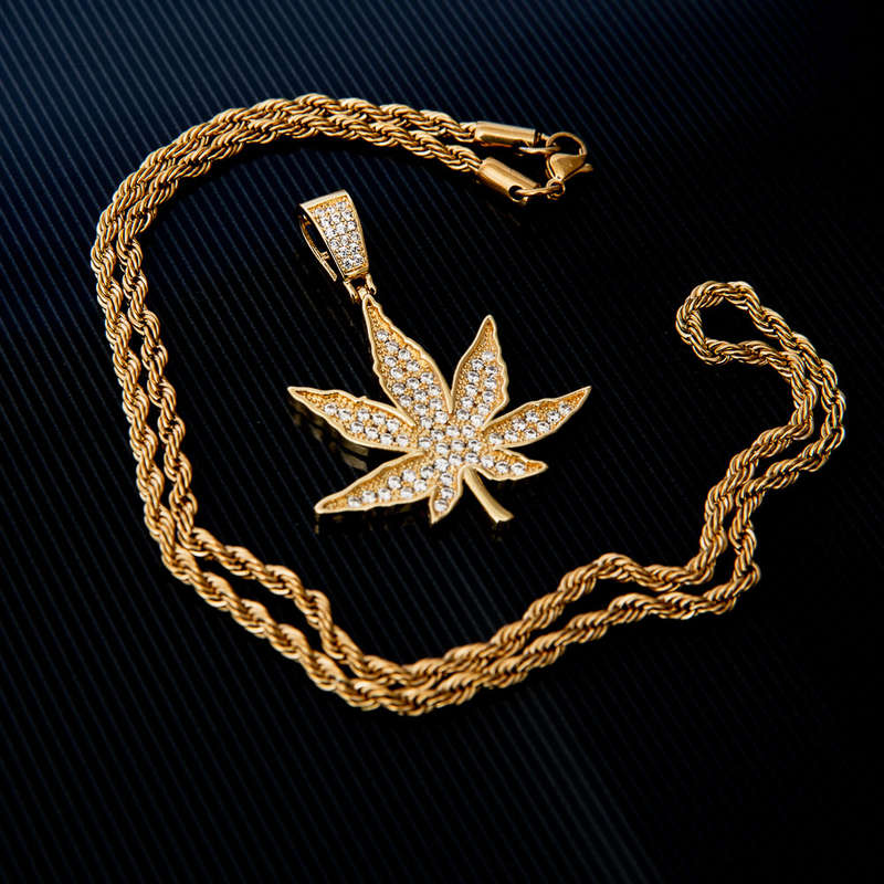 Gold Plated CZ Diamond Iced Weed Pendant