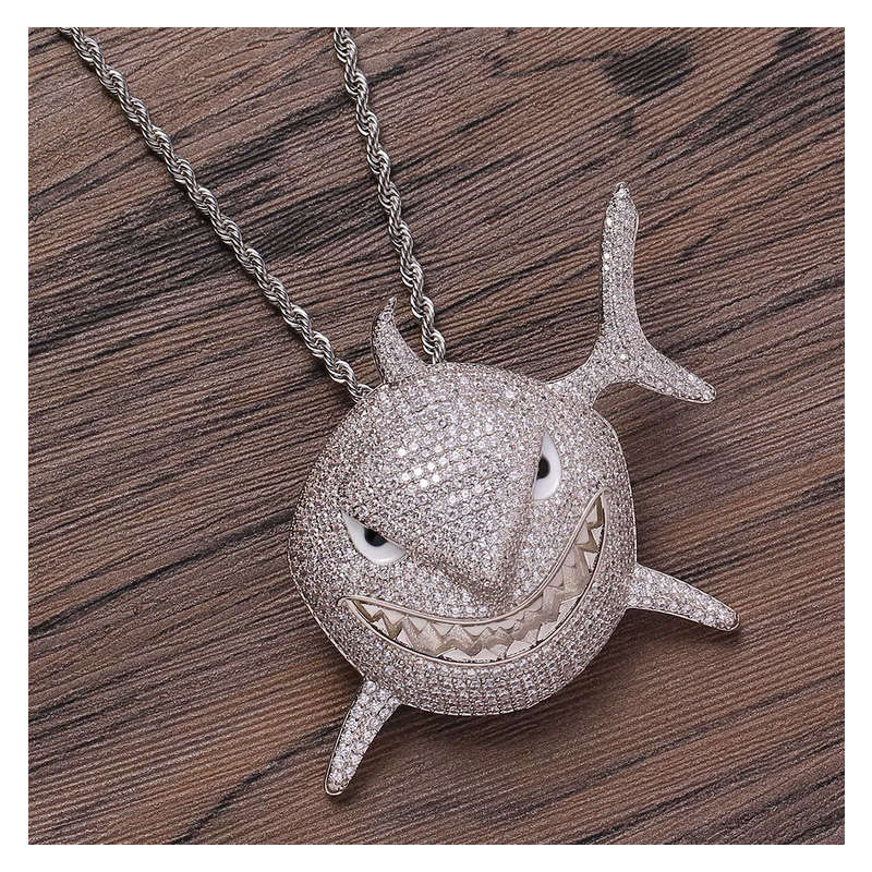 Iced CZ Diamond Shark Pendant with 20" Rope Chain