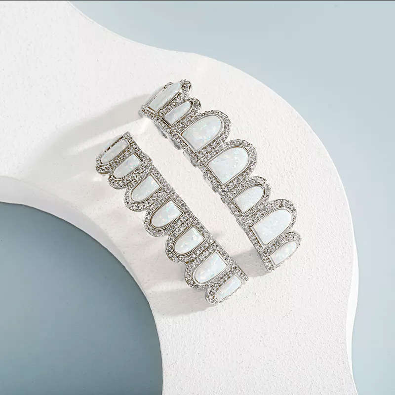 White Opal Design &amp; CZ Iced Diamond Teeth Grillz