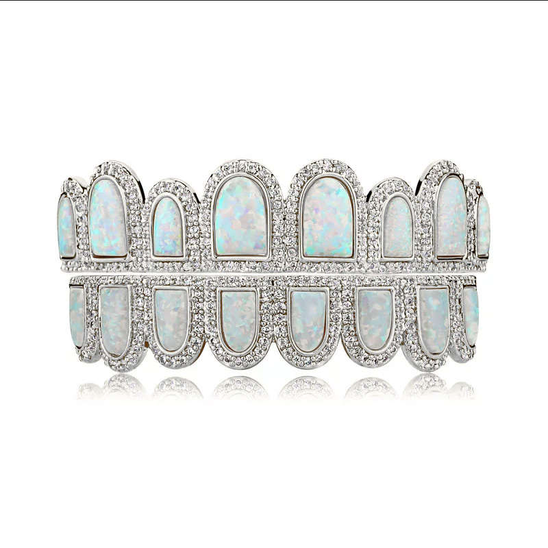 White Opal Design &amp; CZ Iced Diamond Teeth Grillz