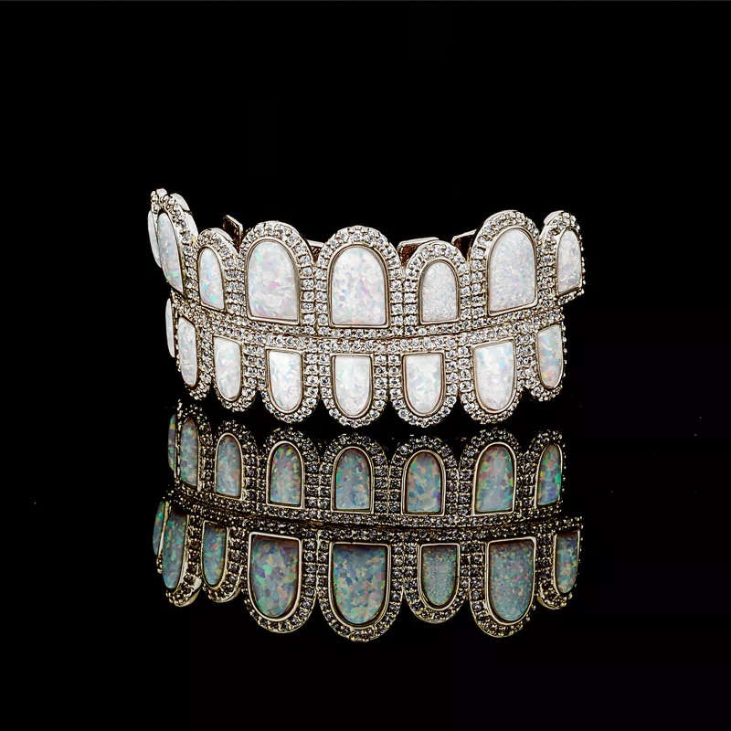 White Opal Design &amp; CZ Iced Diamond Teeth Grillz