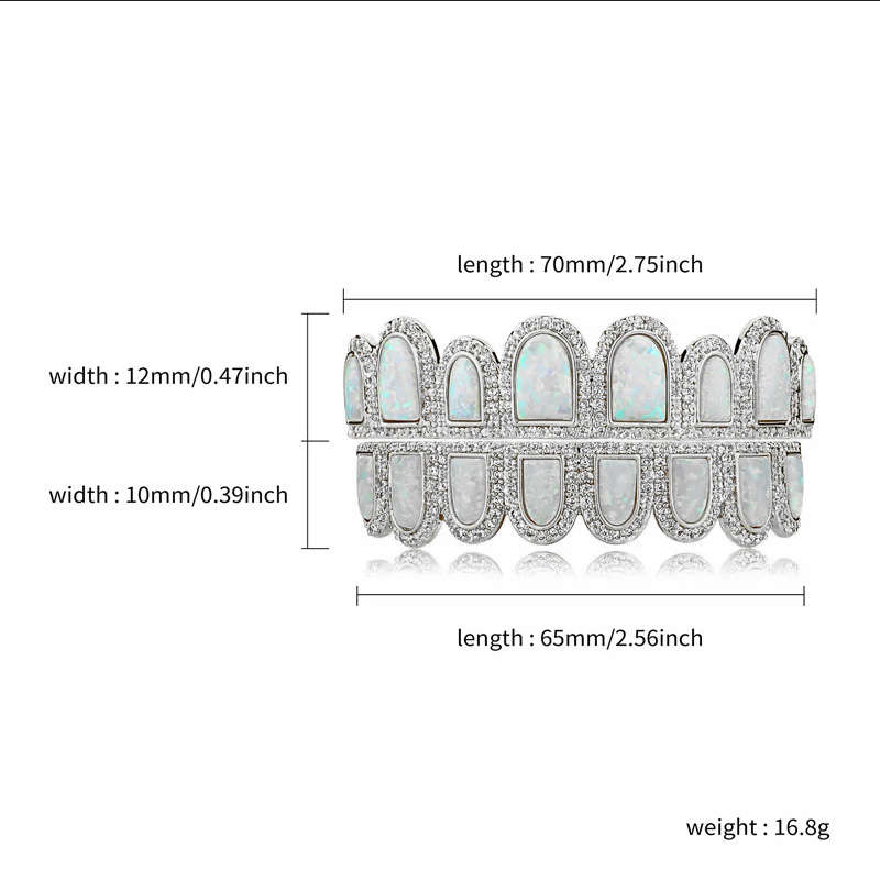 White Opal Design &amp; CZ Iced Diamond Teeth Grillz