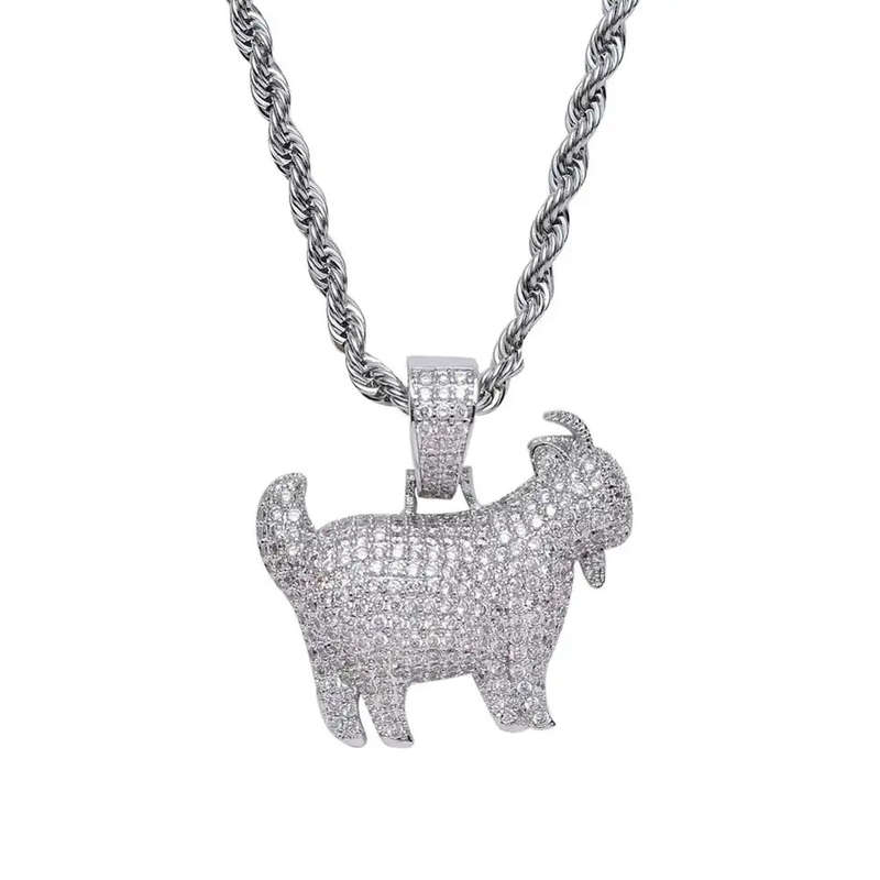 Iced CZ Diamond Goat Pendant and Rope Chain Set (silver)
