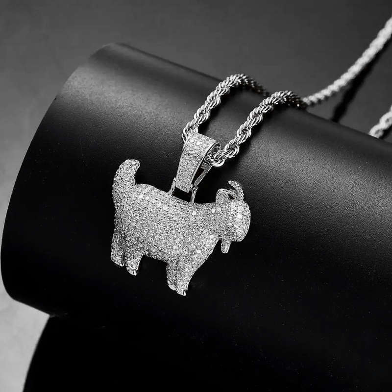 Iced CZ Diamond Goat Pendant and Rope Chain Set (silver)