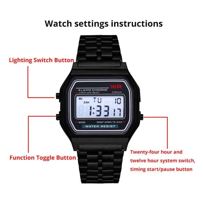 Retro Classic Design Steel Digital Wristwatch (black)