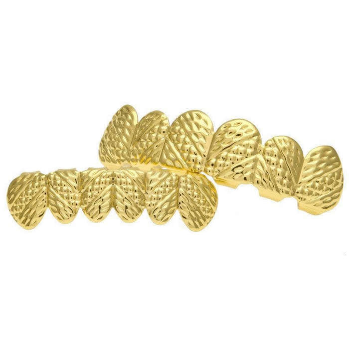 Gold Diamond Tribal Cut 6-row Upper &amp; Lower Teeth Grillz