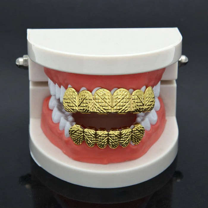 Gold Diamond Tribal Cut 6-row Upper &amp; Lower Teeth Grillz