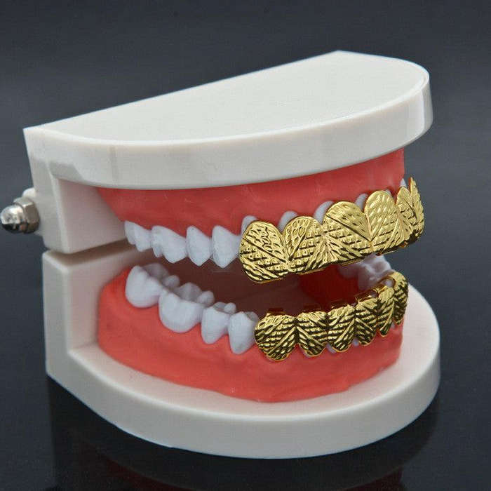 Gold Diamond Tribal Cut 6-row Upper &amp; Lower Teeth Grillz