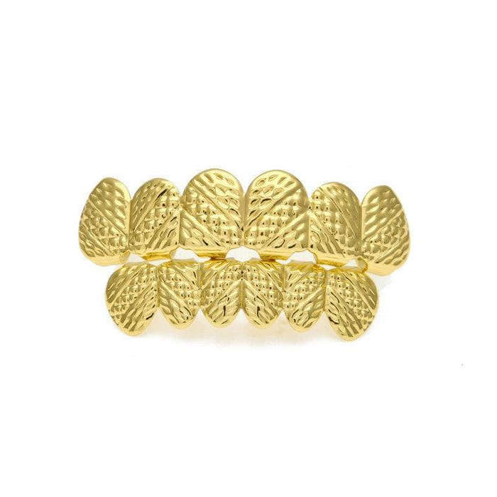 Gold Diamond Tribal Cut 6-row Upper &amp; Lower Teeth Grillz