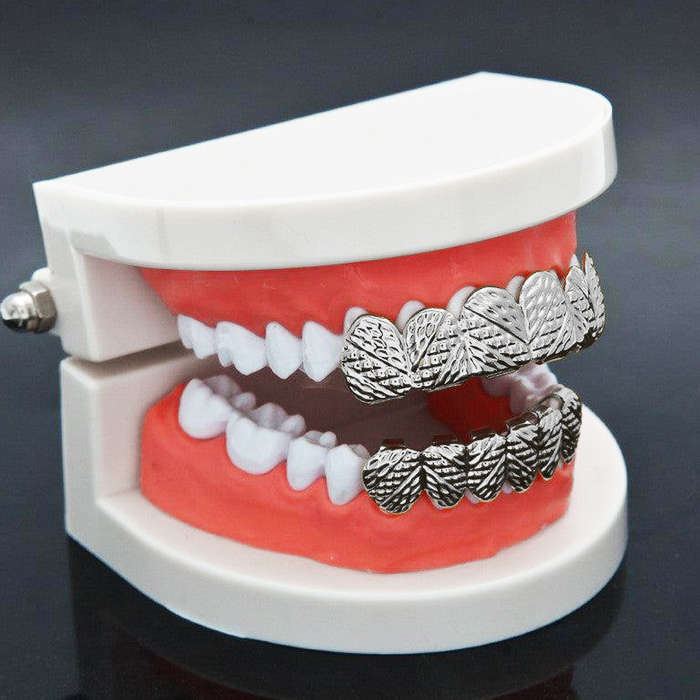 Silver Diamond Tribal Cut 6-row Upper &amp; Lower Teeth Grillz