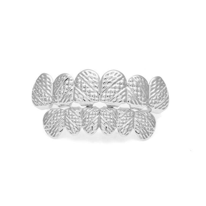 Silver Diamond Tribal Cut 6-row Upper &amp; Lower Teeth Grillz
