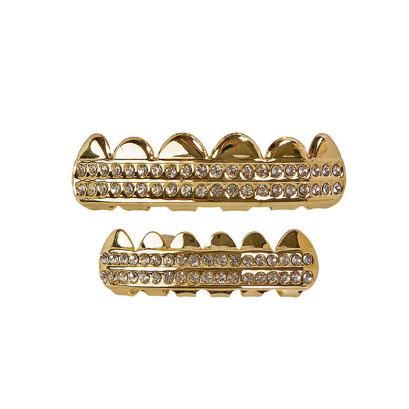 Gold Teeth Grillz with Iced Double Row Diamonds (upper & lower set)