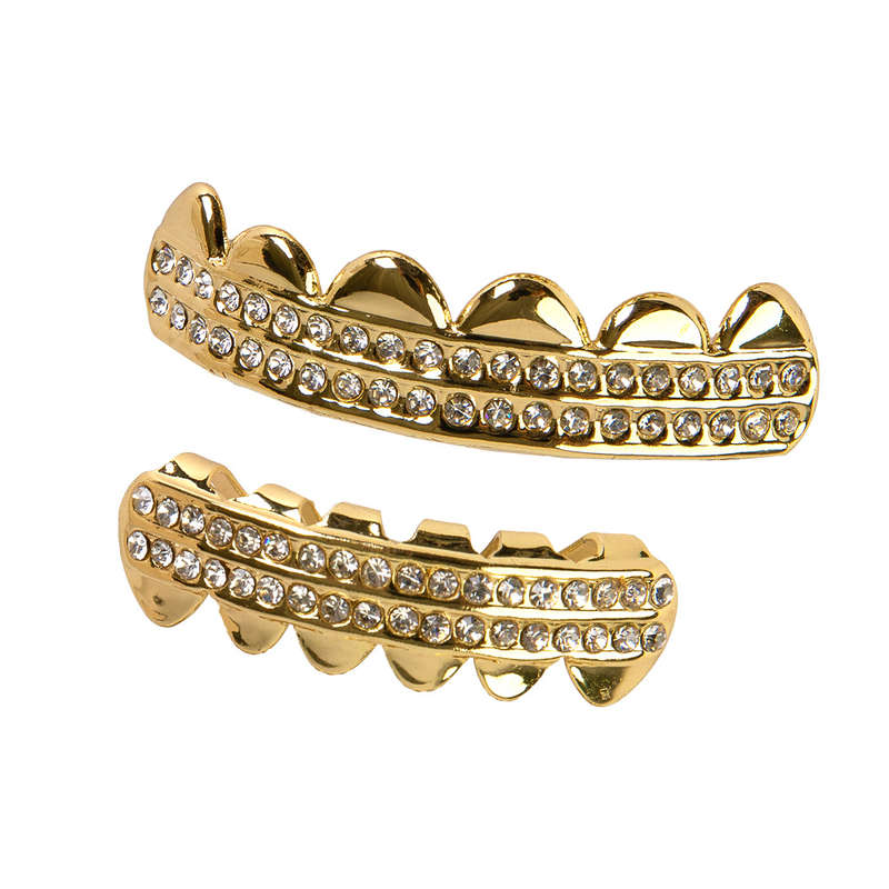 Gold Teeth Grillz with Iced Double Row Diamonds (upper & lower set)