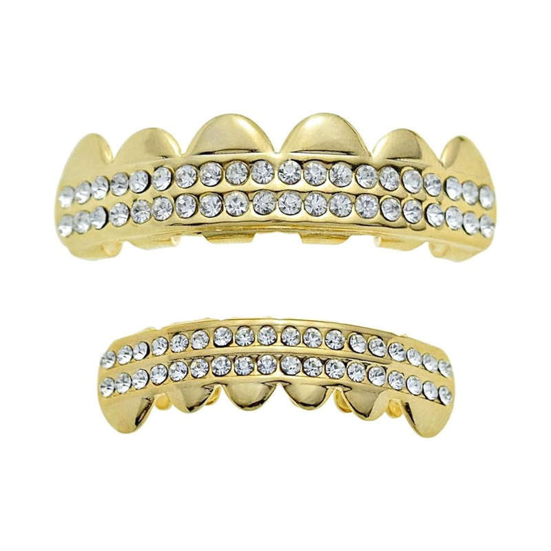Gold Teeth Grillz with Iced Double Row Diamonds (upper & lower set)