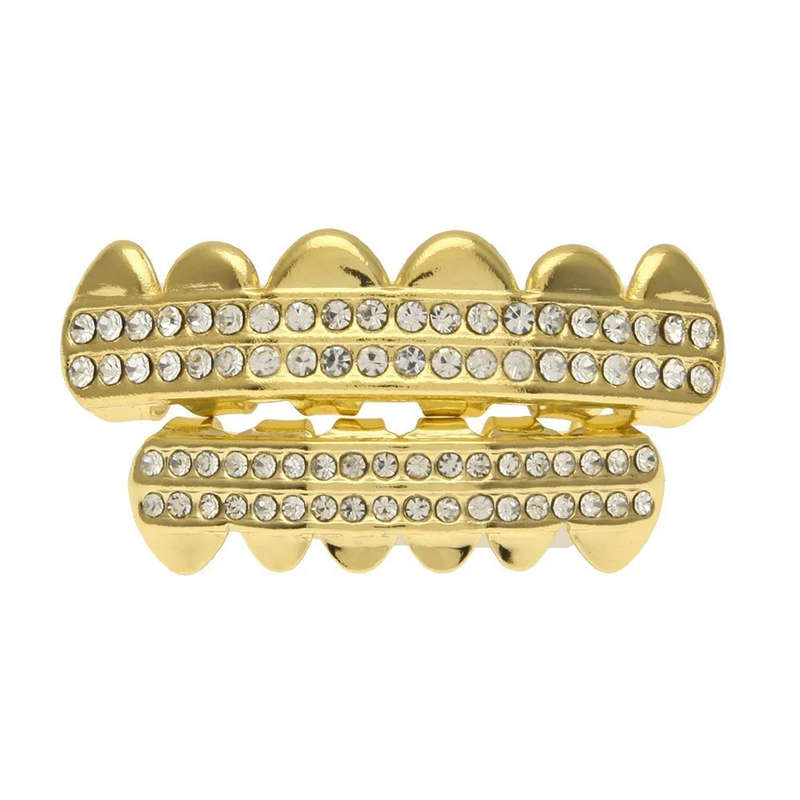 Gold Teeth Grillz with Iced Double Row Diamonds (upper & lower set)