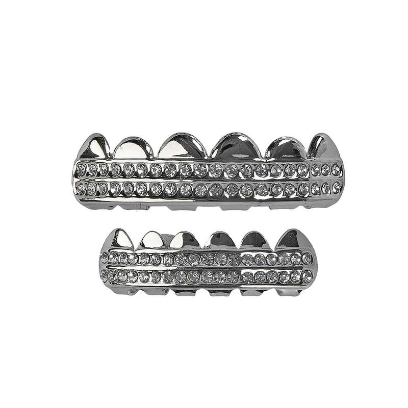 Silver Teeth Grillz with Iced Double Row Diamonds (upper & lower set)