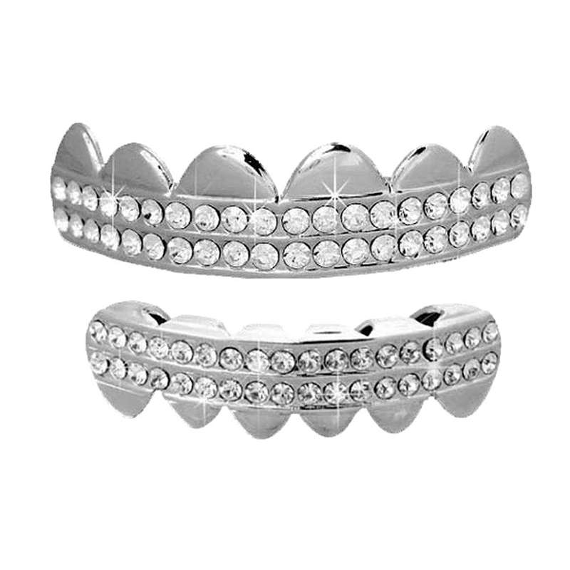 Silver Teeth Grillz with Iced Double Row Diamonds (upper & lower set)