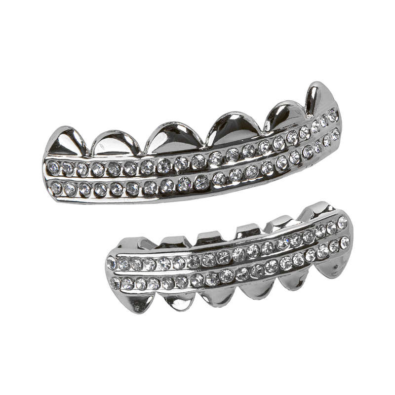 Silver Teeth Grillz with Iced Double Row Diamonds (upper & lower set)
