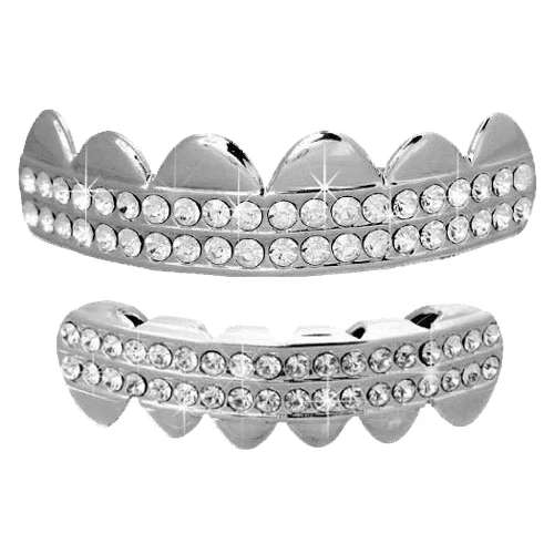 Silver Teeth Grillz with Iced Double Row Diamonds (upper & lower set)