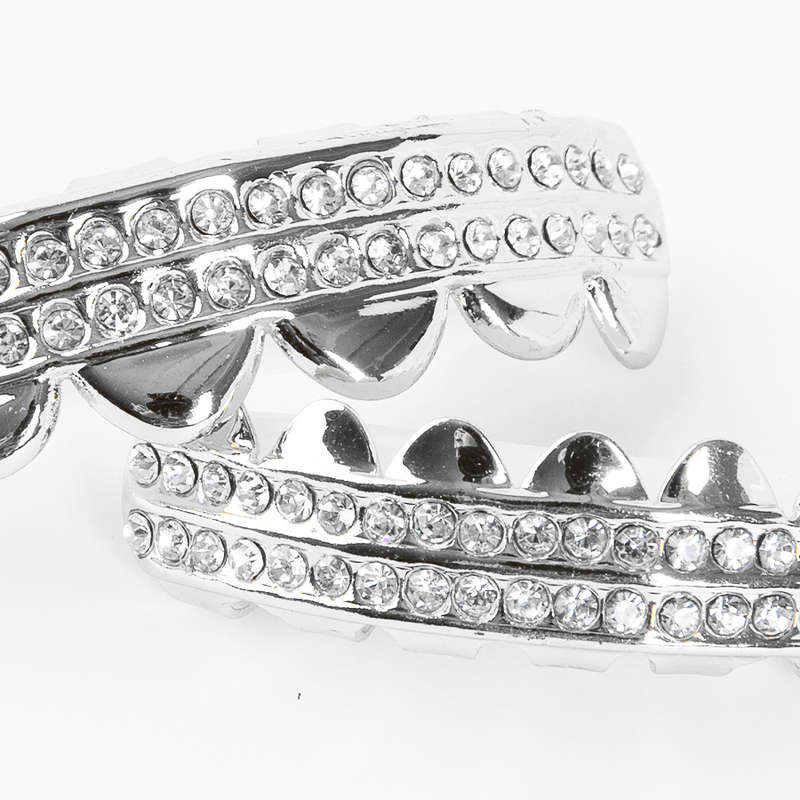 Silver Teeth Grillz with Iced Double Row Diamonds (upper & lower set)