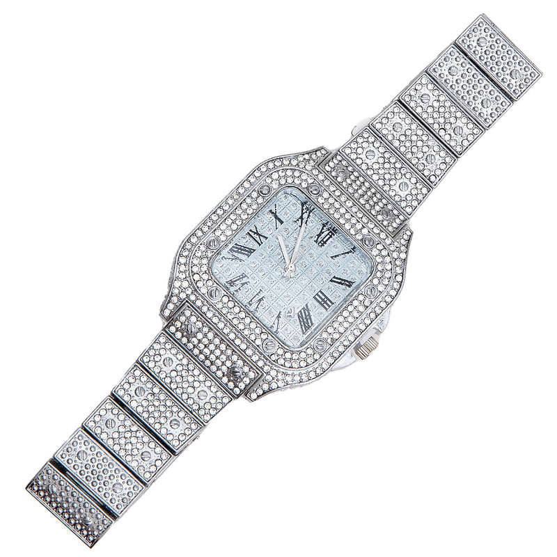 Silver Luxury Bling King Square Square-Dial Hip Hop CZ Diamond Watch
