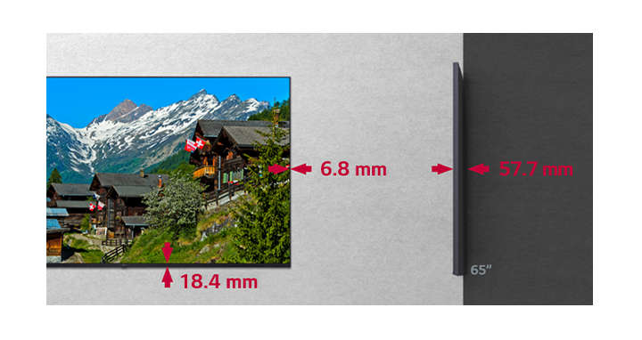 It is displaying the bezel size as 6.9mm by 18.4mm and demonstrating its thinness at 57.5mm depth. The figures are based on 55" UL3J.