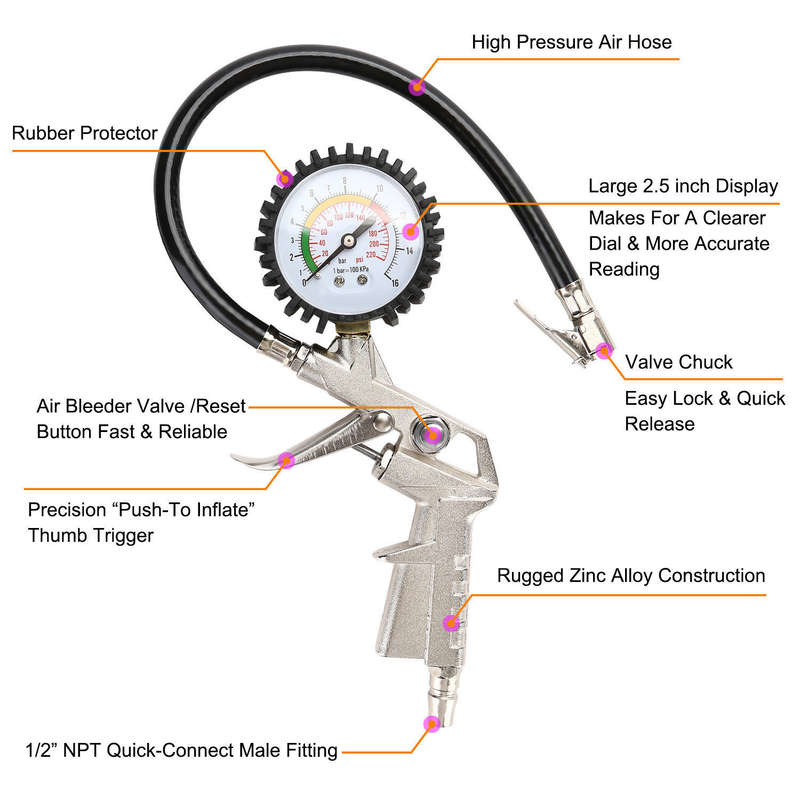 220 Psi Lock On Tire Inflator Air Pressure Gauge Pistol Chuck Hose Car/Bike Auto