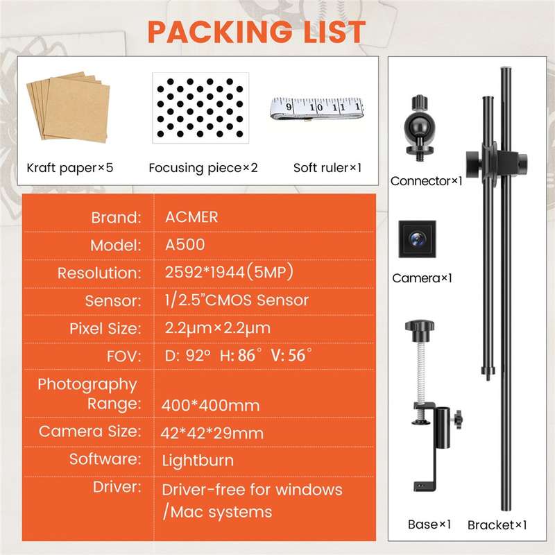 ACMER A500 Laser Engraver Camera Lightburn Camera Lasercam for Engraving Cutting
