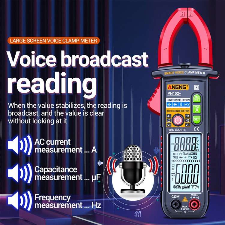 ANENG PN102+ AC Current and AC / DC Voltage Tester Voice Broadcast Reading Digital Clamp Meter with
