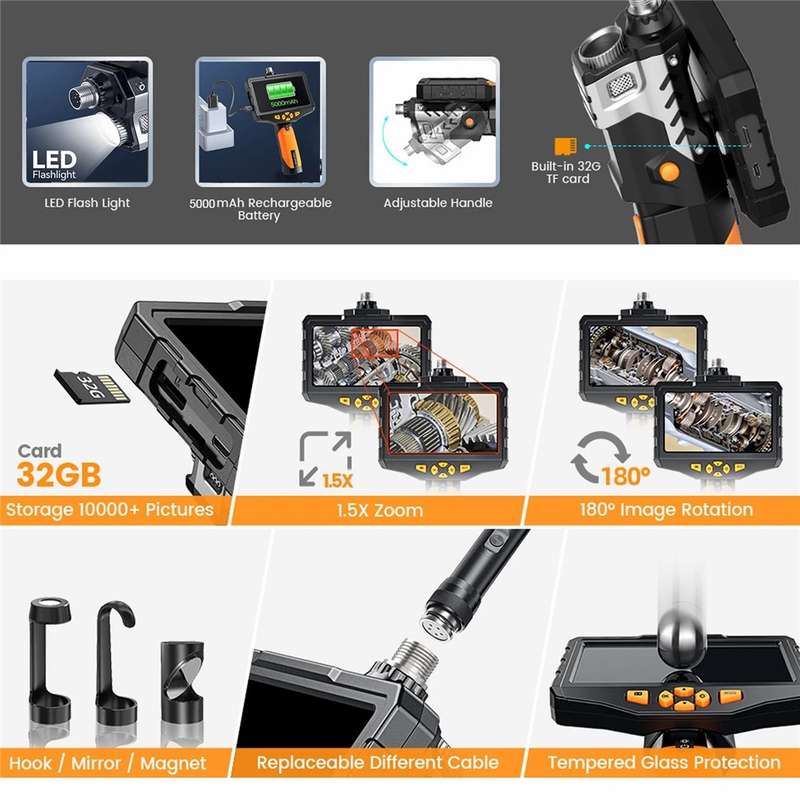 TESLONG NTS300 1m Wire 7.6mm Lens Waterproof Endoscope 5.0-inch Screen Pipe Inspection Borescope