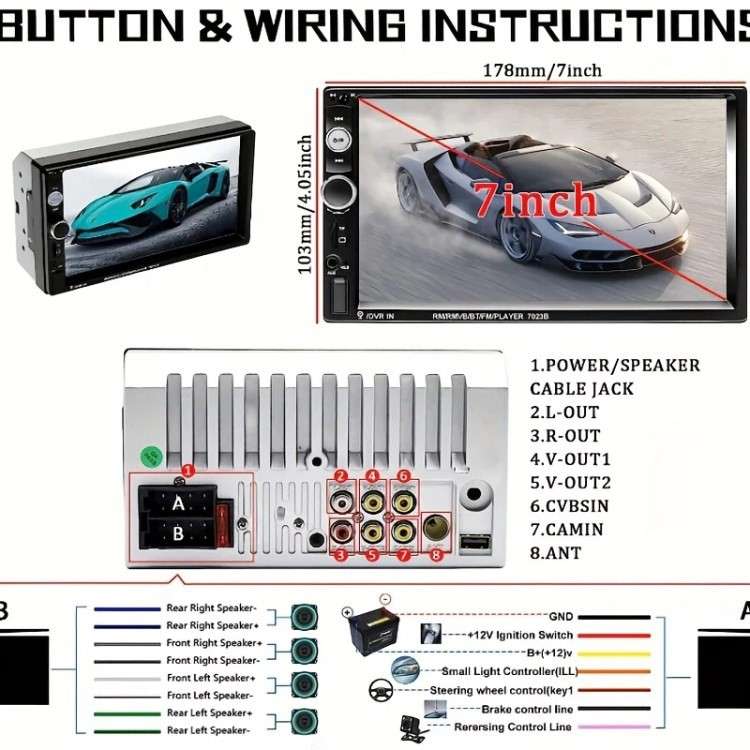 7023B 2 Din 7 Inch Touch Screen Car Player FM Radio Bluetooth Stereo Auto MP5 Player