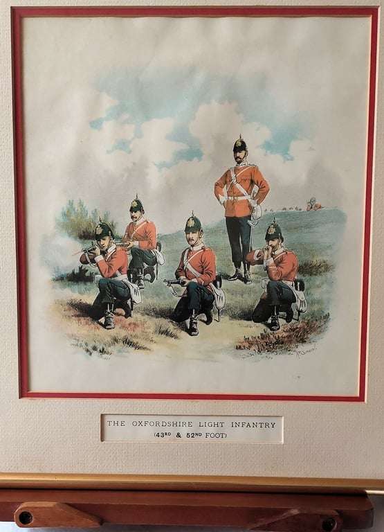 Colour etching military print of the Oxfordshire Light Infantry ( 43rd & 52nd Foot) by Richard Si...